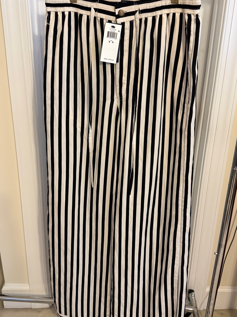 BRAND NEW Polo Black & Cream Vertical Stripe Wide Leg Pants Elastic & Drawstring